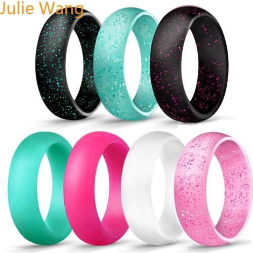 Julie Wang 1Set(7PCS) 5.7mm Width Simple Silicone Colorful Ring Sets Wear For Fashion Party Women Wedding Gift Cocktail Rings