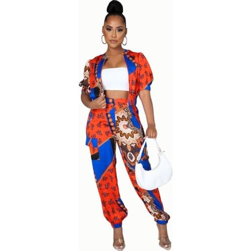 Zoctuo Print Two 2 Piece Outfits High Waisted Trousers Suit For Women Clubwear Casual Pants And Zipper Cardigan Shirt Set Autumn
