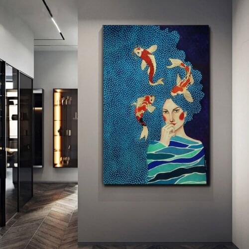 Beautiful Women Painting on Canvas Goldfish Watercolors Art Posters And Prints Wall Picture For Room Cuadros Home Decoration