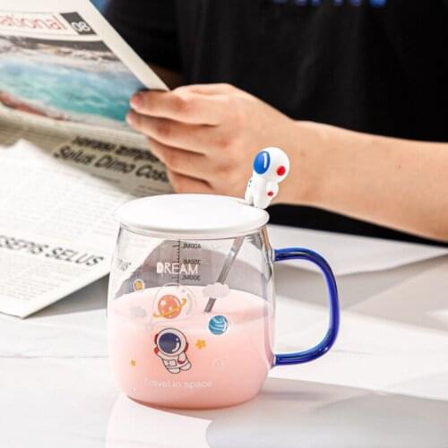 Cartoon Astronaut High Borosilicate Graduated Glass Round Glass Straw with Lid Mug High Temperature Resistance Gift Cup