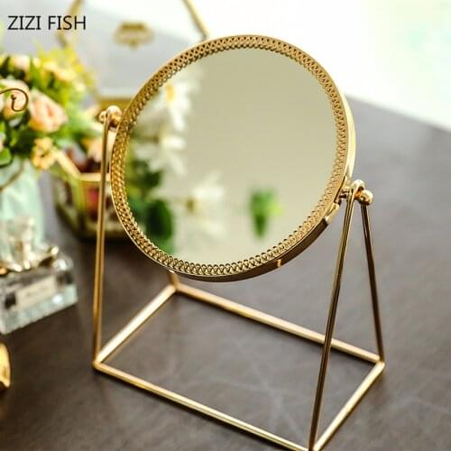 Copper desktop makeup mirror golden toilet glass mirror princess round mirror with portable cosmetic mirror espejos decorativos