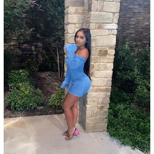 Fall 2021 Blue Denim Off Shoulder Bell Sleeve Bodycon Dresses Women Party Night Club Long Sleeve hirigin Mini Dress