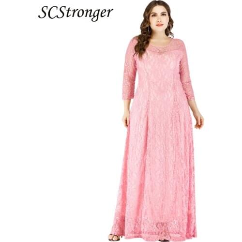 SCSTRONGER Autumn Plus Size Womens Dress Quarter Sleeve Length Wide Hem Solid Color Lace Evening Dress Vestidos De Fiesta