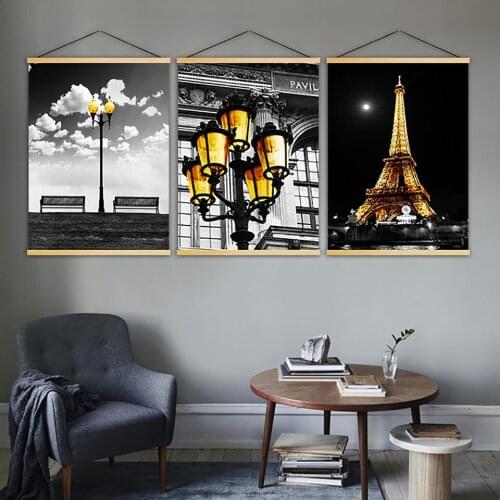 Print Posters Canvas Wall Art Pari Tower Painting Light Solid Wood Hanging Scrolls Landscape Home Decoration Modern Nordic Style