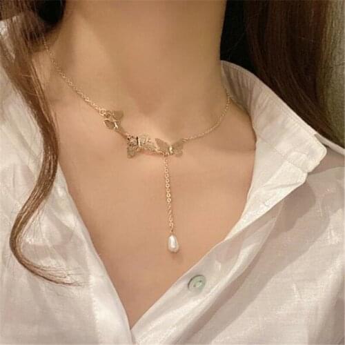 Sexy Female Hollow Out Butterfly Pearl Necklace Gold Tassel Clavicle Chain Necklace Fashion Party Jewelry