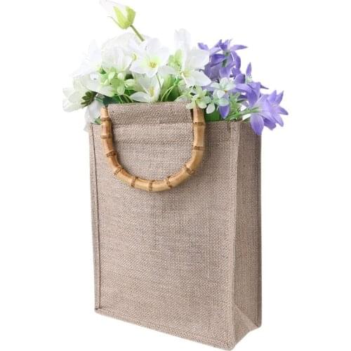 Portable Burlap Jute Shopping Bag Handbag Bamboo Loop Handles Reusable Tote Grocery Bags Burlap Tote Bags with Handles
