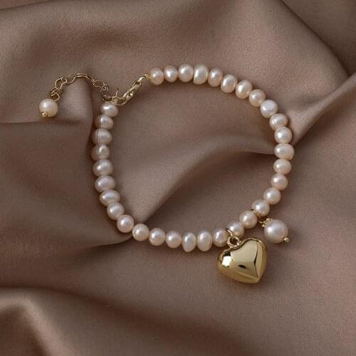 Origin Summer Stylish Metal Love Heart Natural Freshwater Pearl Charm Bracelet for Women Femme Gold Beaded Bracelet Jewelry