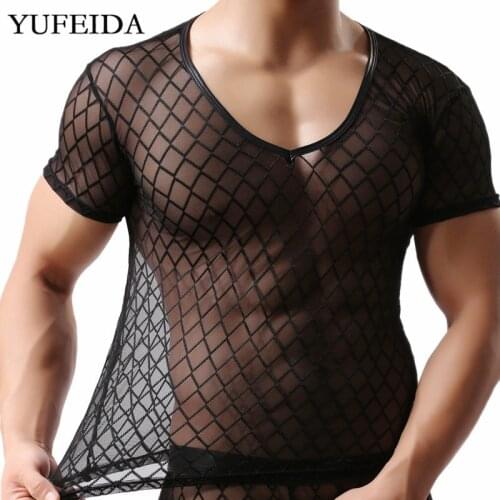 YUFEIDA Sexy Mens Tops Mesh Transparent Short Sleeve T-shirts Male Gay Men Underwear Nightwear Undershirts Breathable Basic Tees