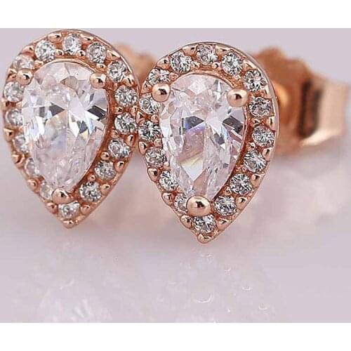Original Rose Radiant Teardrop Studs Earring With Crystal For Women 925 Sterling Silver Earring Wedding Gift Jewelry
