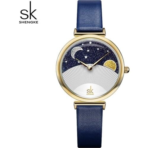 Shengke 2021 New Clock Women Quartz Watch Ladies Fashion Blue Leather Watchband High Quality Casual Waterproof Wristwatches