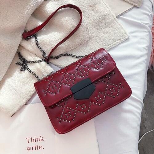 Ladies Autumn Winter Shoulder Bag Rivet Decoration Solid Color Messenger Bag Girls Chain Shoulder Strap Square Crossbody Bag