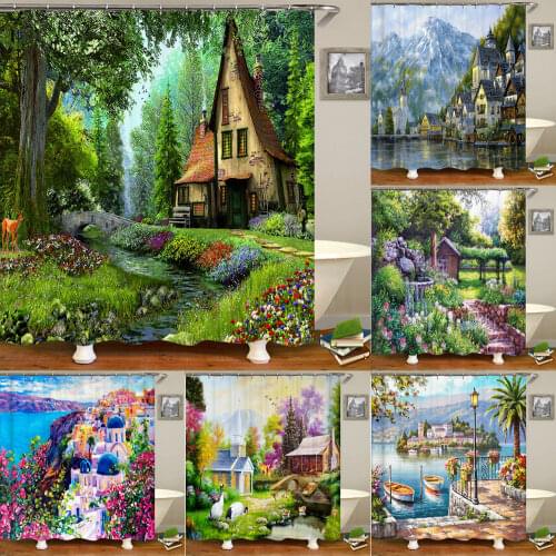 Oil Painting Scenery Shower Curtains Decoration With Hooks European Bathroom Curtain Waterproof Polyester Fabric Shower Curtain