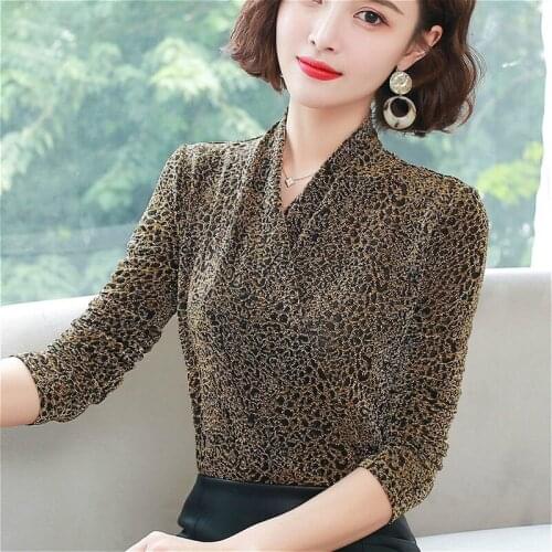 Women Slim Leopard Lace Long Sleeve Blouse Big Size Office Ladies Tops Female Korean Fasion Elegant Bodycon Blouse Puls Size