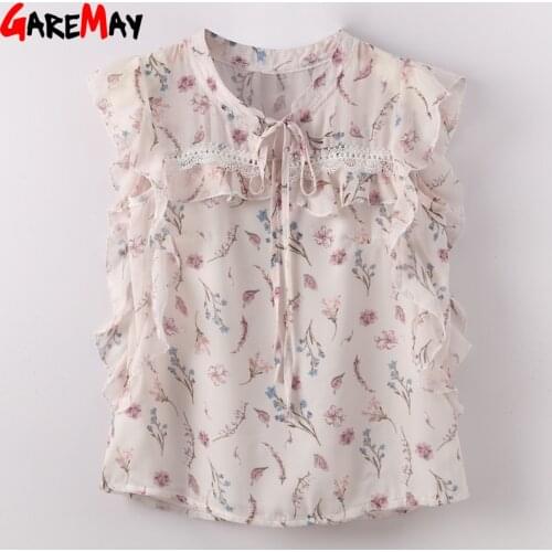 Summer 2020 Women Blouses Ruffle Sleeveless Loose Floral Printed Chiffon Blouse Women Shirt Ladies Bow Tied Neck Female Tops