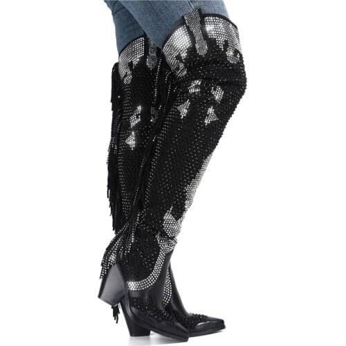 2020 New Women Rhinestone Over The Knee Boots Winter Crystal Fringe Western Cowboy Boots Women Boots Female Chunky Heels Shoes
