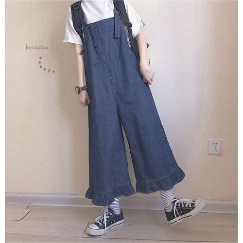 Korean Style Women Casual Ruffles Denim Jumpsuits Romper Vintage Suspender Bib Overall 2019 New Spring Loose Wide Legs Jumpsuits