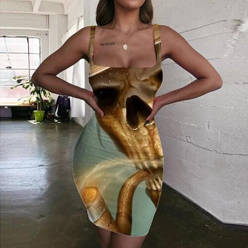 Giyu Brand Skull Dress Women Smokes Sundress Hip Hop Ladies Dresses Flame Halter Sleeveless Womens Clothing Party New Beach