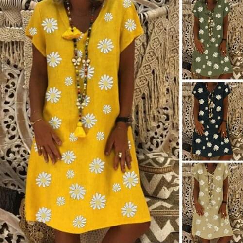 Sexy Dress Casual Women V Neck Short Sleeve Marguerite Print Pockets Loose Knee-length Dress Elegant Short Sleeve Mini Dresses