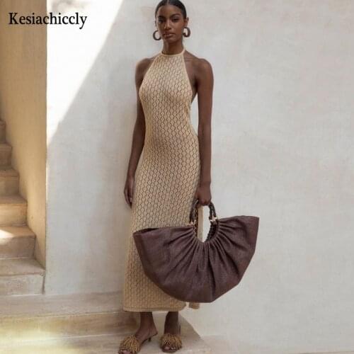 Kesiachiccly Backless Knitted Halter Dress Solid Hollow Out Sleeveless Long Summer Dress 2021 Skinny Party Club Dress Vestdios