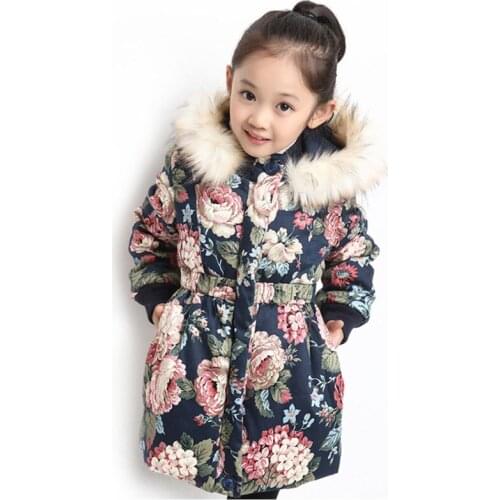 Winter Jackets For Girls Fashion Floral Print Girls Parka Coats Warm Cotton-padded Hooded Children Outerwear 4 8 10 12 14 Years