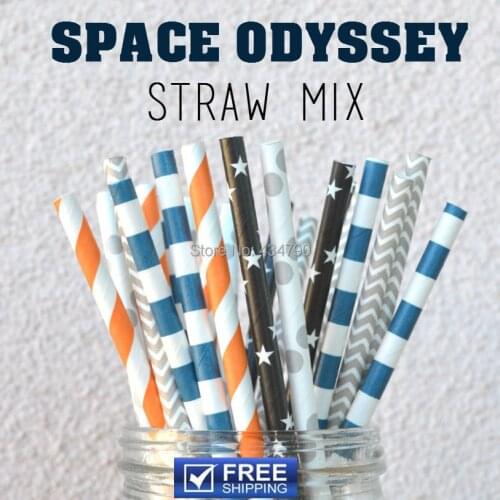 200pcs Mixed 4 Designs Space Odyssey Navy Grey Orange Black Paper Straws Canada, Chevron, Striped, Sailor Stripe, Star