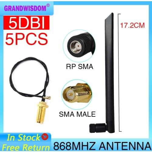 5pcs 868MHz 915MHz Antenna 5dbi RP-SMA Connector GSM 915 MHz 868 MHz antena antenne +21cm SMA Male /u.FL Pigtail Cable