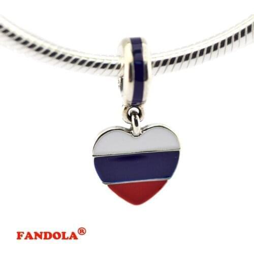 925 Sterling Silver Russia Heart Flag Silver Dangle with Blue, White and Red Enamel DIY Beads Fits Pandora Charms Bracelet FL406