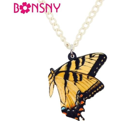 Bonsny Acrylic Papilio Machaon Butterfly Necklace Pendant Chain Collar Animal Insect Jewelry For Women Girls Teen Gift Wholesale