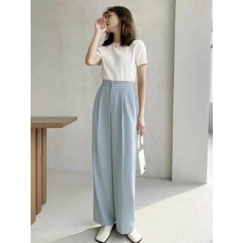 Chic High Waist Loose Straight Pants Women Office Ladies Suit Pant 2021 summer Female Long Trousers