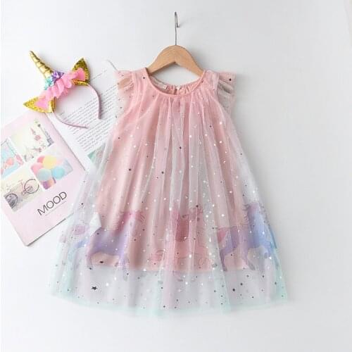 Hibobi Children Girls Star Net Yarn Gradient Dress Cartoon Flying Pony Print Kids Princess Dress + Headband