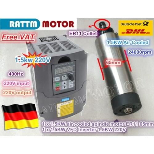 EU Free VAT CNC 1.5KW 220V Air-cooled spindle motor ER11,24000rpm& 1.5kw Inverter VFD 2HP 220V For CNC Router Engraving Milling