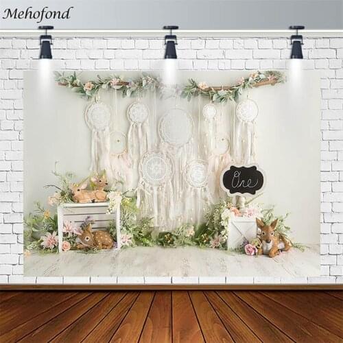 Mehofond 1st Birthday Party Backdrops Spring Green Leaf Flowers Deer Photography Backgrounds Photo Studio Photophone Decor Props