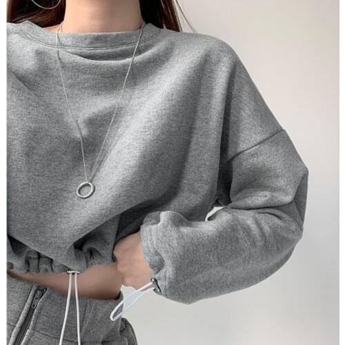 WOMENGAGA Korean Longsleeve Loose Short Sweatshirt Crew Neck Solid Color Drawstring Open Navel Casual Sports Tops Khs5