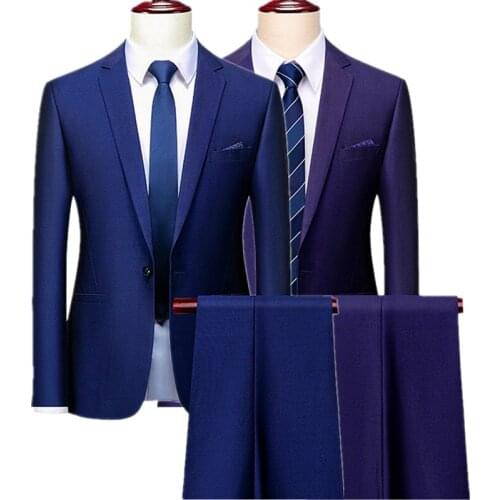 2 Piece Set Men Wedding Party Fashion Slim Fit Type Mens Blazer Coat and Pants Blue Purple Man Suit