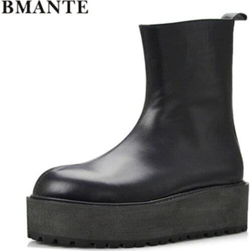 Men Genuine Leather Heavy Base Shose Trainers New Male Adult Ankle Fur Boots Casual Zip Flats High Spring Black Sneaker