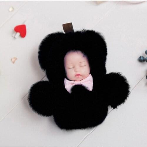 Cute Girls Fluffy Rabbit Fur Sleeping Baby Doll Key Chain Women Pompon Bunny Fur Keychain On Bag Car Trinket Jewelry Party Gift
