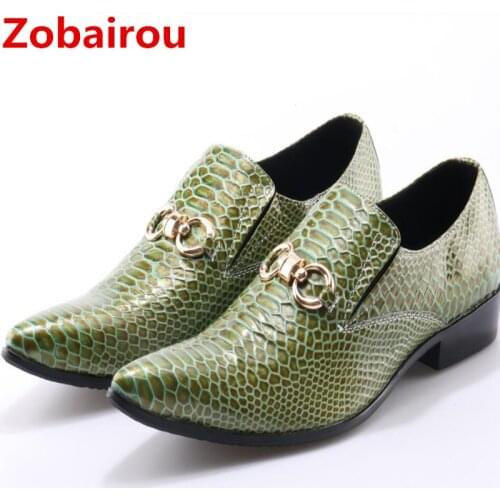 Zobairou Mens pointed toe dress shoes crocodile skin men leather shoes formal wedding shoes green spiked loafers plus size