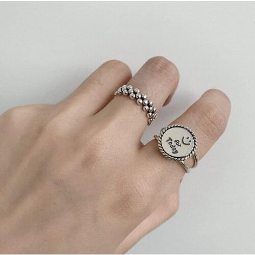 Trendy Letter Smiling Face Thai Silver Color Ring Simple Round Ball Open Ring For Women Jewelry Gift