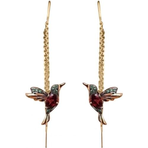 Fashion Little Bird Earring Unique Vintage Crystal Long Chain Tassel Blue Red Ladies Jewelry Design Earings Personality Gift