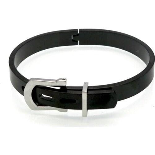 Trendy Top Quality 316L Stainless Steel Black Open Belt Buckle Bracelets Bangles Men‘s Women‘’s Biker Jewelry Fashion Gift 31G