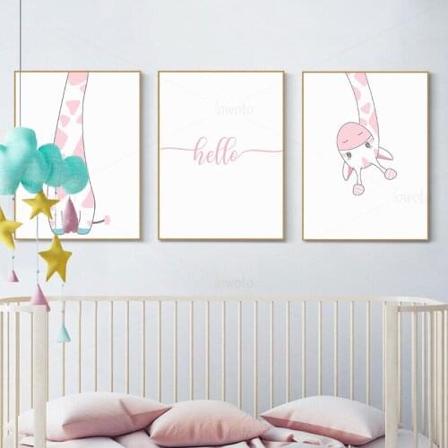 Cartoon Little Giraffe Poster Hello Print Minimalist Canvas Painting Pink Nursery Wall Art Kids Bedroom Decoration Wall Pictures
