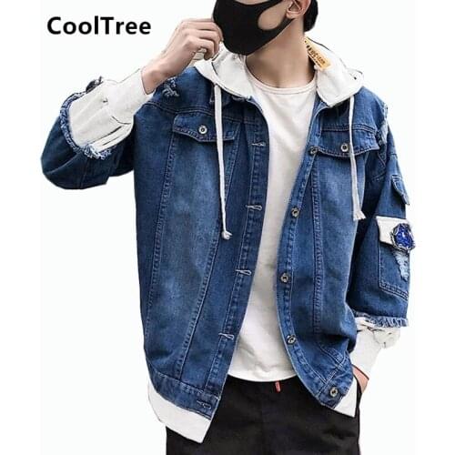 CoolTree Men Denim Jacket Spring Autumn Solid color Single-breasted Hooded Jeans Coats Male Slim Fit Fashion Denim Outerwear Top