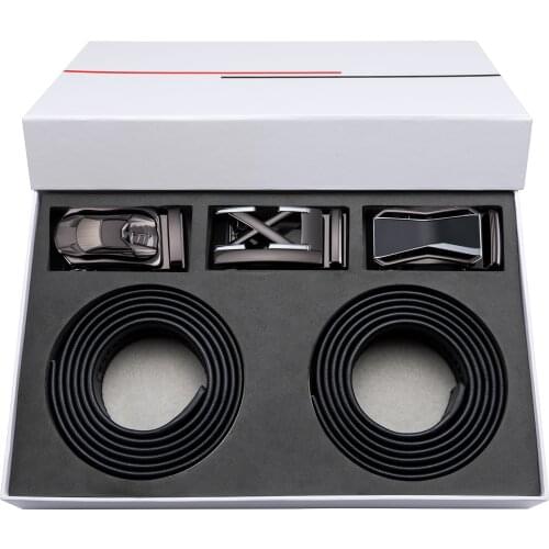 Luxury Genuine Leather Men Belts Automatic Ratchet Buckle Belts Black Cowhide Male Strap With 3 Buckles Box Set Gift DiBanGu