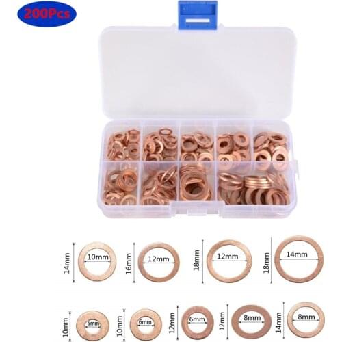 200 Pcs Copper Washer Gasket Nut and Bolt Set Flat Ring Seal Assortment Kit with Box M5/M6/M8/M10/M12/M14 For Sump Plugs Gasket