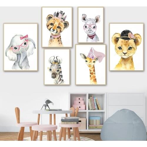 Elephant Giraffe Lion Zebra Leopard Hippo Wall Art Canvas Painting Nordic Posters And Prints Wall Pictures Baby Kids Room Decor