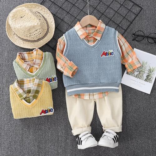 Autumn Children Fashion Clothes Baby Boys Girls sweater Vest plaid Shirt Pants 3Pcs/sets Kids Infant Clothing Toddler Tracksuit