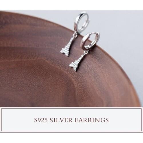 Real. 925 Sterling Silver jewelry clear CZ eiffel Towel Hoop Huggie Earrings charms FOR wEDDING WOMENS Gift GTLE1274