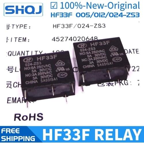 100PCS/BOX HF relay JZC-33F HF33F 005 012 024 -ZS3 HF33F 5V 12V 24V 5A 5PIN relay new and original