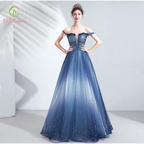 SSYFashion New Luxury Blue Evening Dress Banquet Shining Sequins Appliques Boat Neck Floor-length Prom Formal Gowns Vestidos