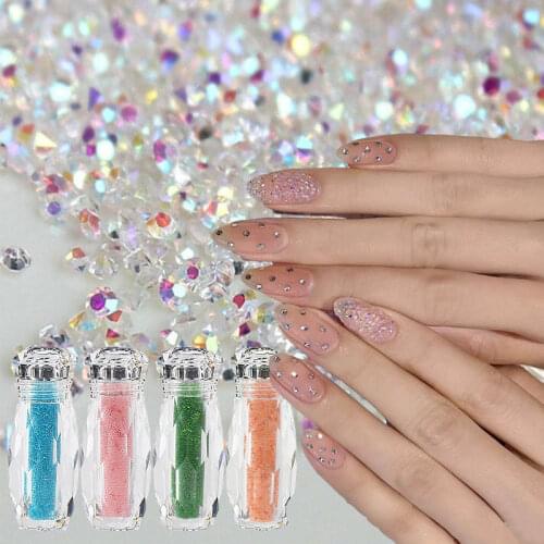 12Colors AB Flatback Nail Rhinestone Crystal 1.2mm 3D Micro Glass DIY Gems Glitter Nails Art Decorations Mini Beads for Summer